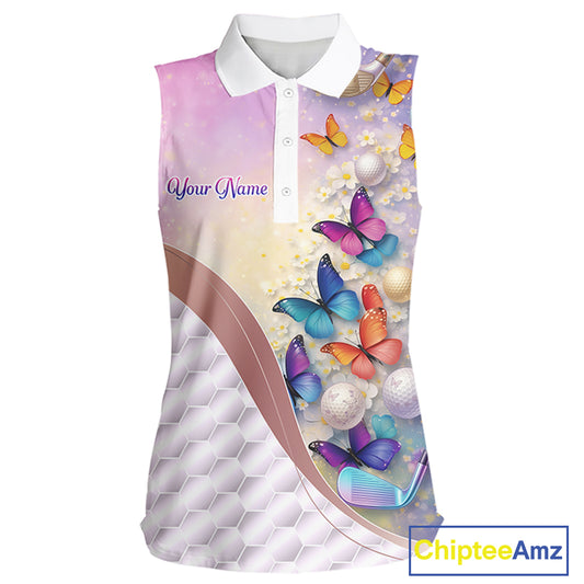 Colorful Butterfly Womens Sleeveless Golf Polo Shirt Custom Name Floral White Golf Ball Jerseys NYN2911