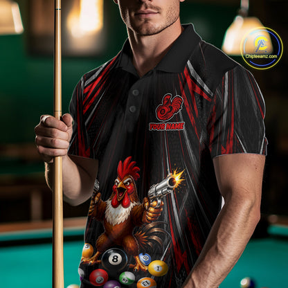 Black And Red Grunge Rooster Gun 8 Ball Mens Billiard Polo Shirts Custom Funny Billiard Team Apparel NYN3297