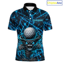 Load image into Gallery viewer, Men's funny tornado golf polo shirt, lightning strike golf apparel, blue UPF golf shirt, custom golf team polo, performance golf clothing