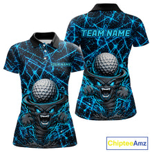 Load image into Gallery viewer, Women's funny tornado golf short sleeves polo shirt, lightning strike golf apparel, blue UPF golf shirt, custom golf team polo, performance golf clothing