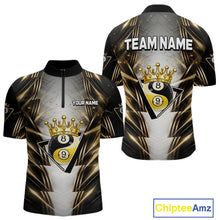 Load image into Gallery viewer, Grey, Black And Gold 8 Ball Crown Billiard Polo &amp; 1/4 Zip Shirt For Men Custom Pool Team Jersey NYN2921