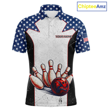 Grunge Patriotic Bowling Jerseys For Men Custom US Flag Bowling Polo 1/4-Zip Shirt, Gift For Bowlers NYN3126