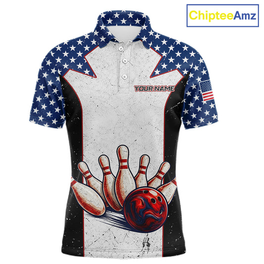 Grunge Patriotic Bowling Jerseys For Men Custom US Flag Bowling Polo 1/4-Zip Shirt, Gift For Bowlers NYN3126