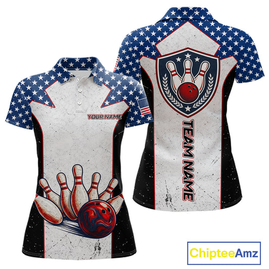 Grunge Patriotic Bowling Jerseys For Women Custom US Flag Bowling Polo 1/4-Zip Shirt, Gift For Bowlers NYN3126