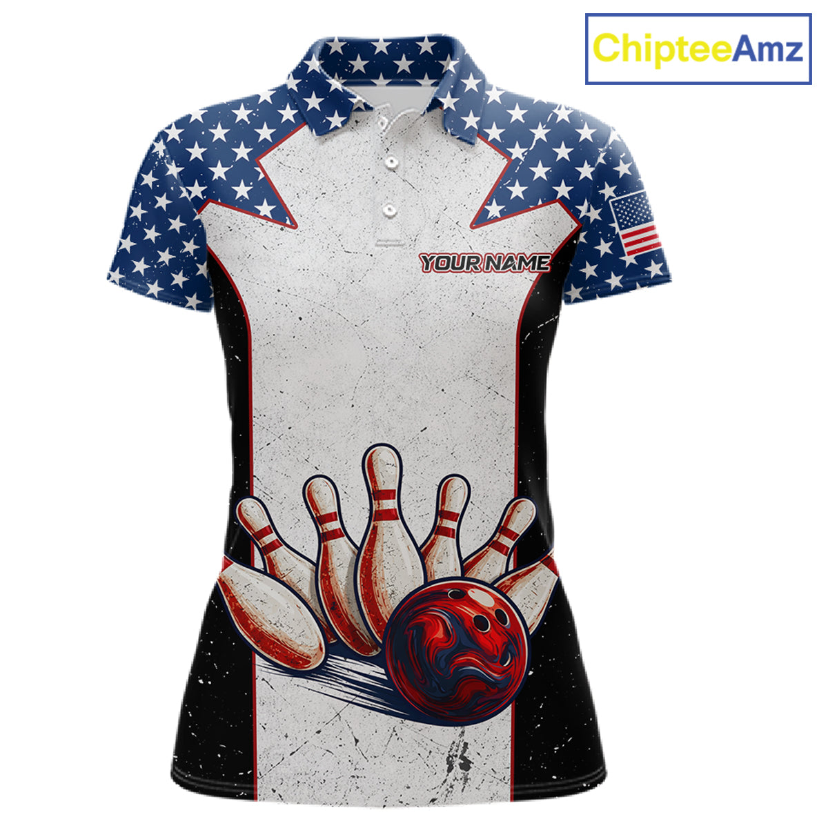 Grunge Patriotic Bowling Jerseys For Women Custom US Flag Bowling Polo 1/4-Zip Shirt, Gift For Bowlers NYN3126
