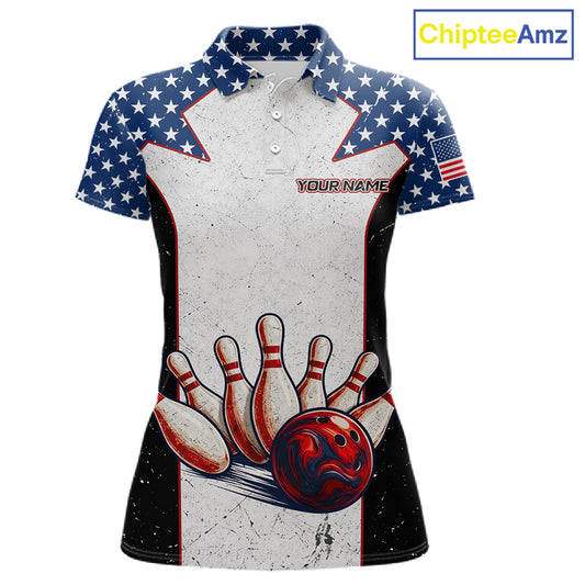 Grunge Patriotic Bowling Jerseys For Women Custom US Flag Bowling Polo 1/4-Zip Shirt, Gift For Bowlers NYN3126
