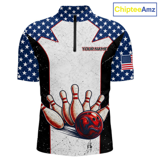 Grunge Patriotic Bowling Jerseys For Men Custom US Flag Bowling Polo 1/4-Zip Shirt, Gift For Bowlers NYN3126