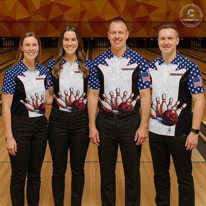 Grunge Patriotic Bowling Jerseys For Women Custom US Flag Bowling Polo 1/4-Zip Shirt, Gift For Bowlers NYN3126