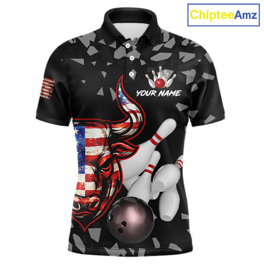 Funny US Flag Bull Grunge Bowling Polo & 1/4 Zip Shirts For Men Custom Team Bowling Jerseys NYN3130
