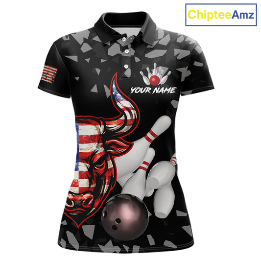 Funny US Flag Bull Grunge Bowling Polo & 1/4 Zip Shirts For Women Custom Team Bowling Jerseys NYN3130