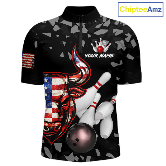 Funny US Flag Bull Grunge Bowling Polo & 1/4 Zip Shirts For Men Custom Team Bowling Jerseys NYN3130