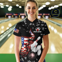 Load image into Gallery viewer, Funny US Flag Bull Grunge Bowling Polo &amp; 1/4 Zip Shirts For Women Custom Team Bowling Jerseys NYN3130