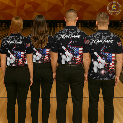 Funny US Flag Bull Grunge Bowling Polo & 1/4 Zip Shirts For Men Custom Team Bowling Jerseys NYN3130