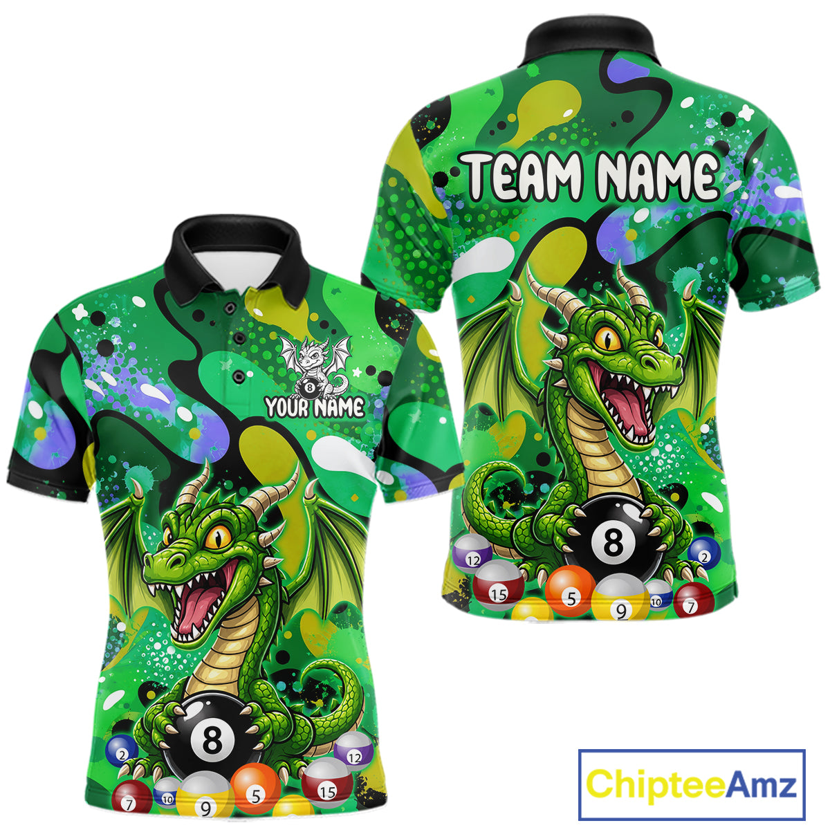 Green splatter funny dragon 8 ball billiard polo shirt for men custom pool team jersey