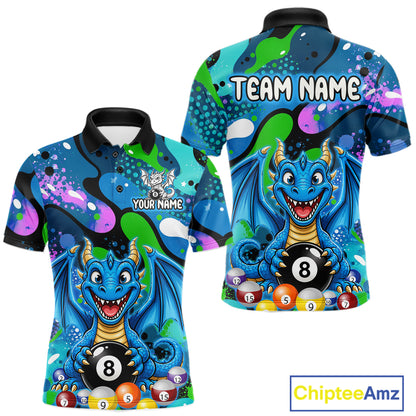 Blue splatter funny dragon 8 ball billiard polo shirt for men custom team apparel