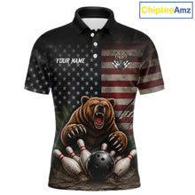 Load image into Gallery viewer, Funny retro bear men's bowling polo shirt, American flag bowling jersey, patriotic bowling team uniform, custom bowling apparel, personalized bowling league shirt
