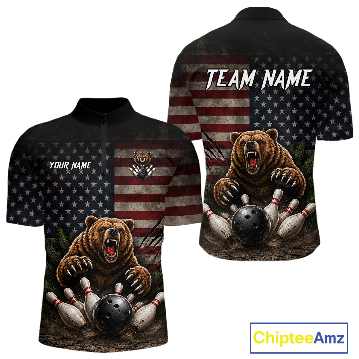 Funny retro bear men's bowling quarter-zip shirt, patriotic bowling jersey, American flag bowling team uniform, custom bowling apparel