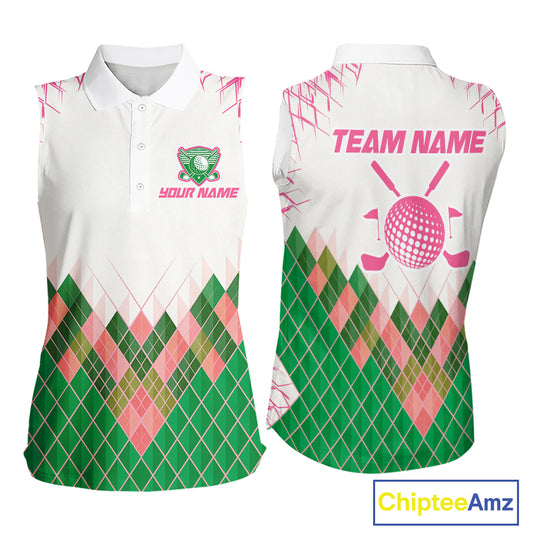 Women Golf Clothing Green And Pink Argyle Pattern Sleeveless Golf Polo Shirt Custom Golf Upf Shirts NYN2930
