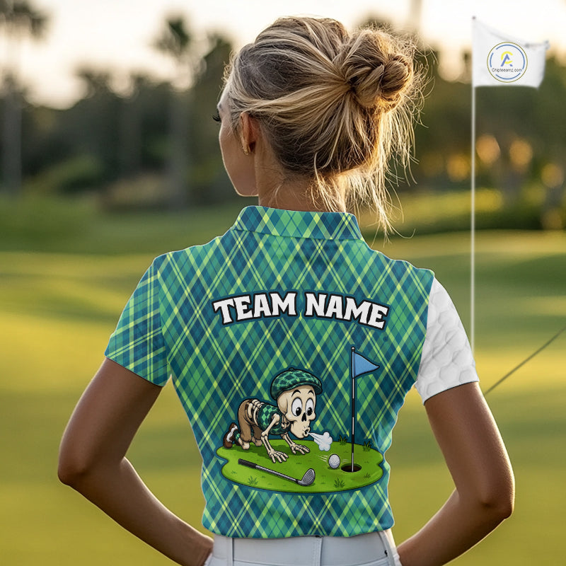 Green And Blue Argyle Golf Apparel Funny Skeleton Golf Polos For Women Custom Golf Team Outfits NYN3323
