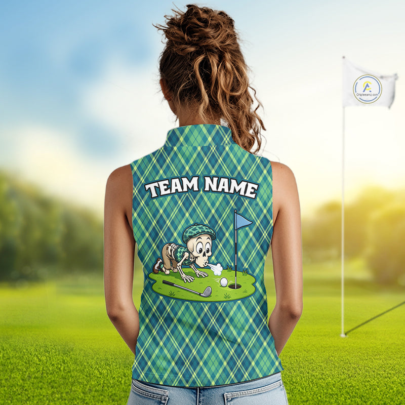 Green And Blue Argyle Golf Apparel Funny Skeleton Golf Sleeveless Polos For Women Custom Golf Team Outfits NYN3323