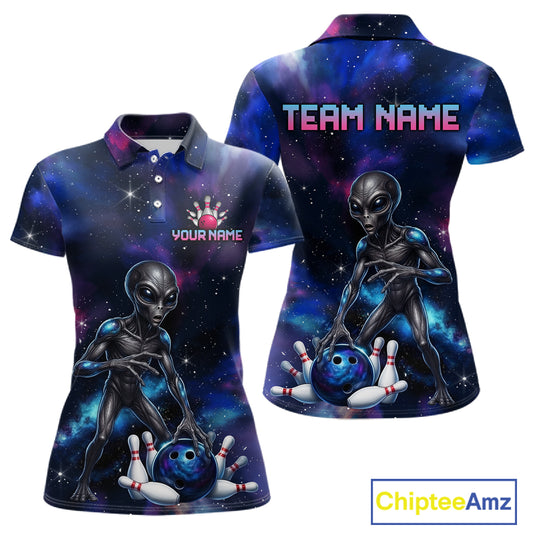 Space Alien Women's Bowling Polo Shirt, Personalized Galaxy Bowling Team Jersey, UFO Tournament Apparel, Sci-Fi Performance Polo, Cosmic Sportswear