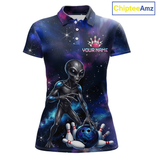 Space Alien Women's Bowling Polo Shirt, Personalized Galaxy Bowling Team Jersey, UFO Tournament Apparel, Sci-Fi Performance Polo, Cosmic Sportswear