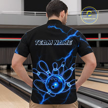 Load image into Gallery viewer, Male bowler wearing Blue Lightning Thunder Neon bowling jersey custom bowling tournament apparel