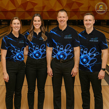 Load image into Gallery viewer, Men women bowling team wearing Blue Lightning Thunder Neon bowling jerseys matching league uniforms
