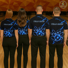 Load image into Gallery viewer, Men women bowling team wearing Blue Lightning Thunder Neon bowling jerseys matching league uniforms