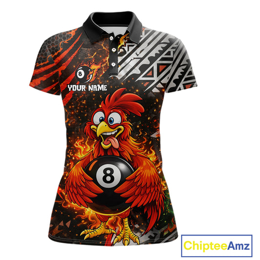 Funny Rooster Plays Pool 8 Ball 3D Billiard Shirt For Women Custom Grunge Flame Billiard Team Attire NYN2566