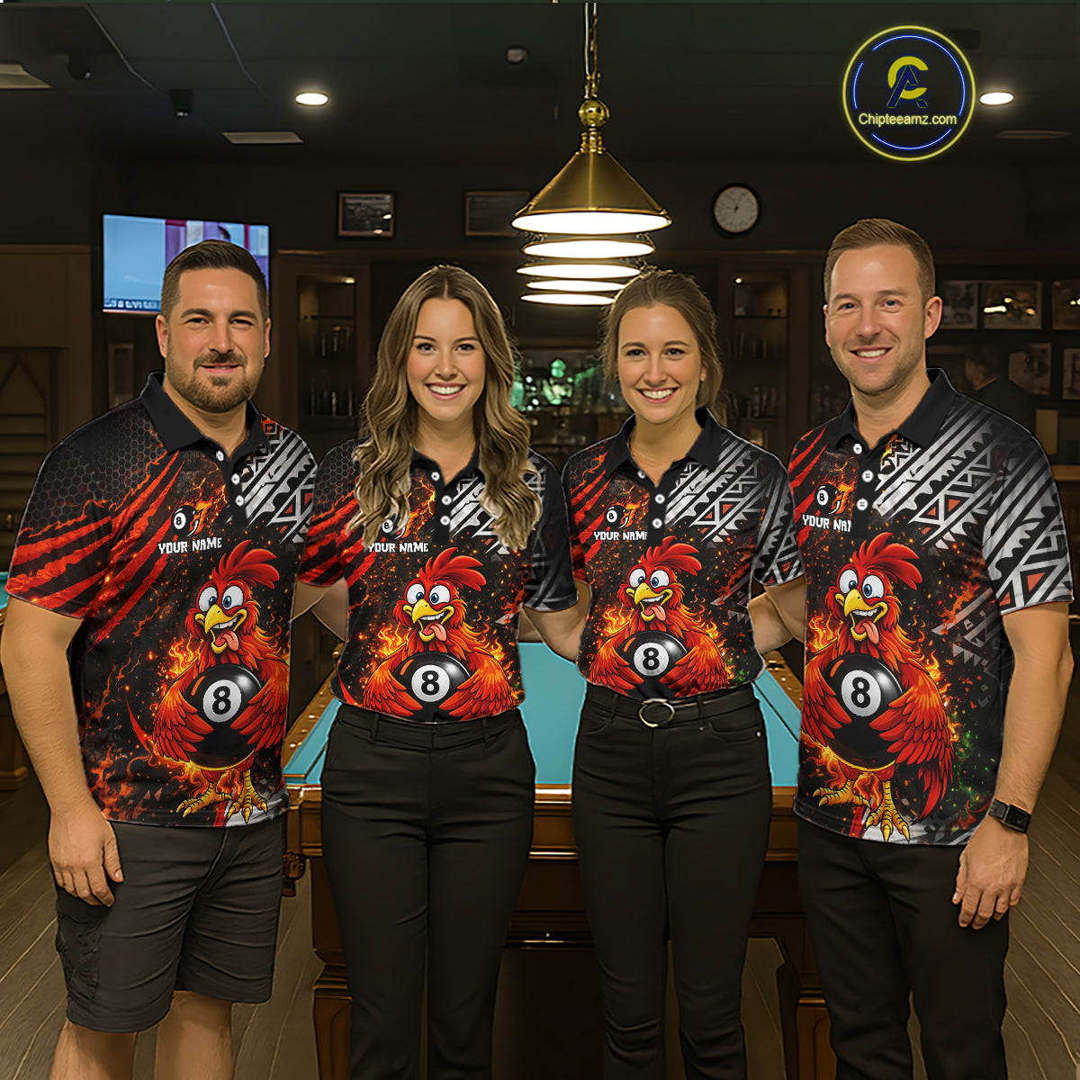 Funny Rooster Plays Pool 8 Ball 3D Billiard Shirt For Women Custom Grunge Flame Billiard Team Attire NYN2566