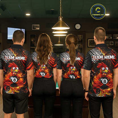 Funny Rooster Plays Pool 8 Ball 3D Billiard Shirt For Women Custom Grunge Flame Billiard Team Attire NYN2566