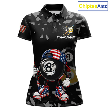 US Flag Funny 8 Ball Women's Billiard Polo Shirt Custom Patriotic Pool Team Jersey Apparel