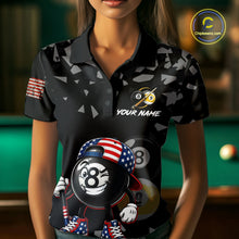 Load image into Gallery viewer, Female billiard player wearing US Flag Funny 8 Ball custom billiard shirt