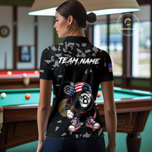 Load image into Gallery viewer, Female billiard player wearing US Flag Funny 8 Ball custom billiard shirt