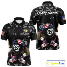 Load image into Gallery viewer, US Flag Funny 8 Ball Pool Polo Shirt For Men, Patriotic Billiard Team Jersey, Custom Pool League Apparel, Personalized Uniform