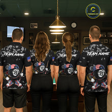 Load image into Gallery viewer, Men women pool team wearing patriotic US Flag Funny 8 Ball billiard jerseys