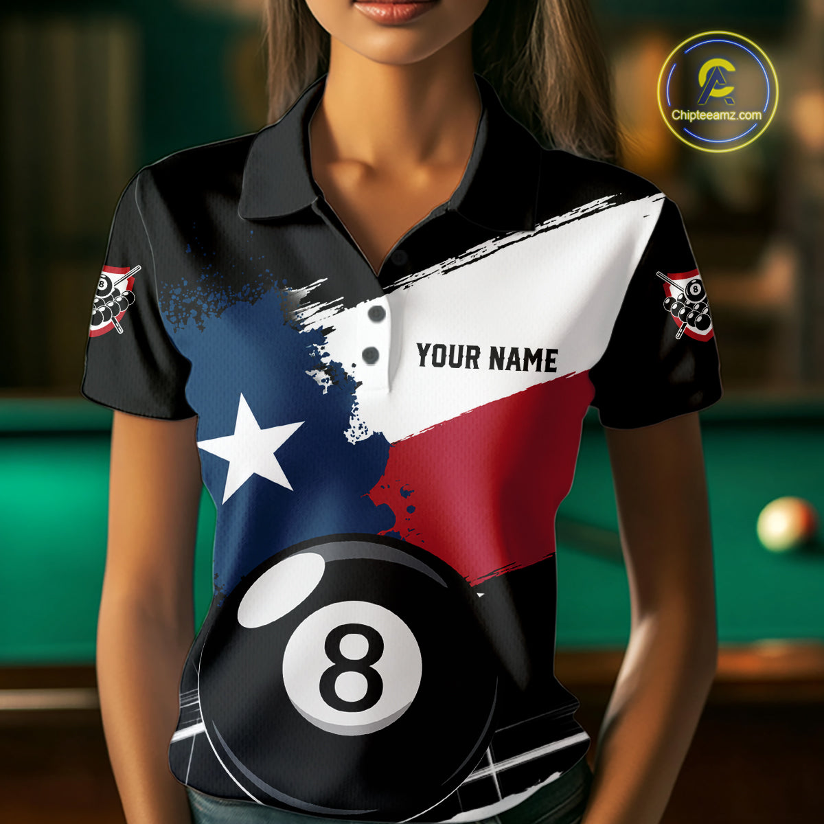Female billiard player wearing Texas Flag Splash 8 Ball custom billiard shirt