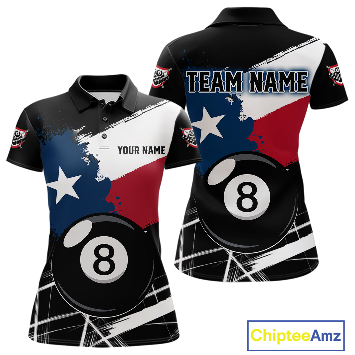 Texas Flag Splash 8 Ball Women's Billiard Polo Shirt Custom Patriotic Pool Team Jersey