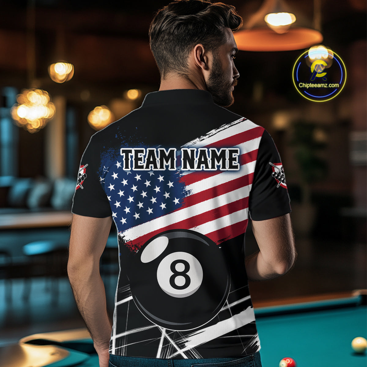 Male Pool Player Wearing American Flag Splash Billiard Shirt, Pool League Team Apparel