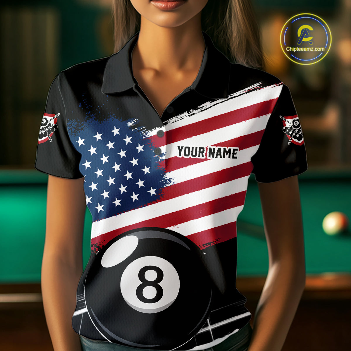 Female billiard player wearing American Flag Splash 8 Ball billiard jersey