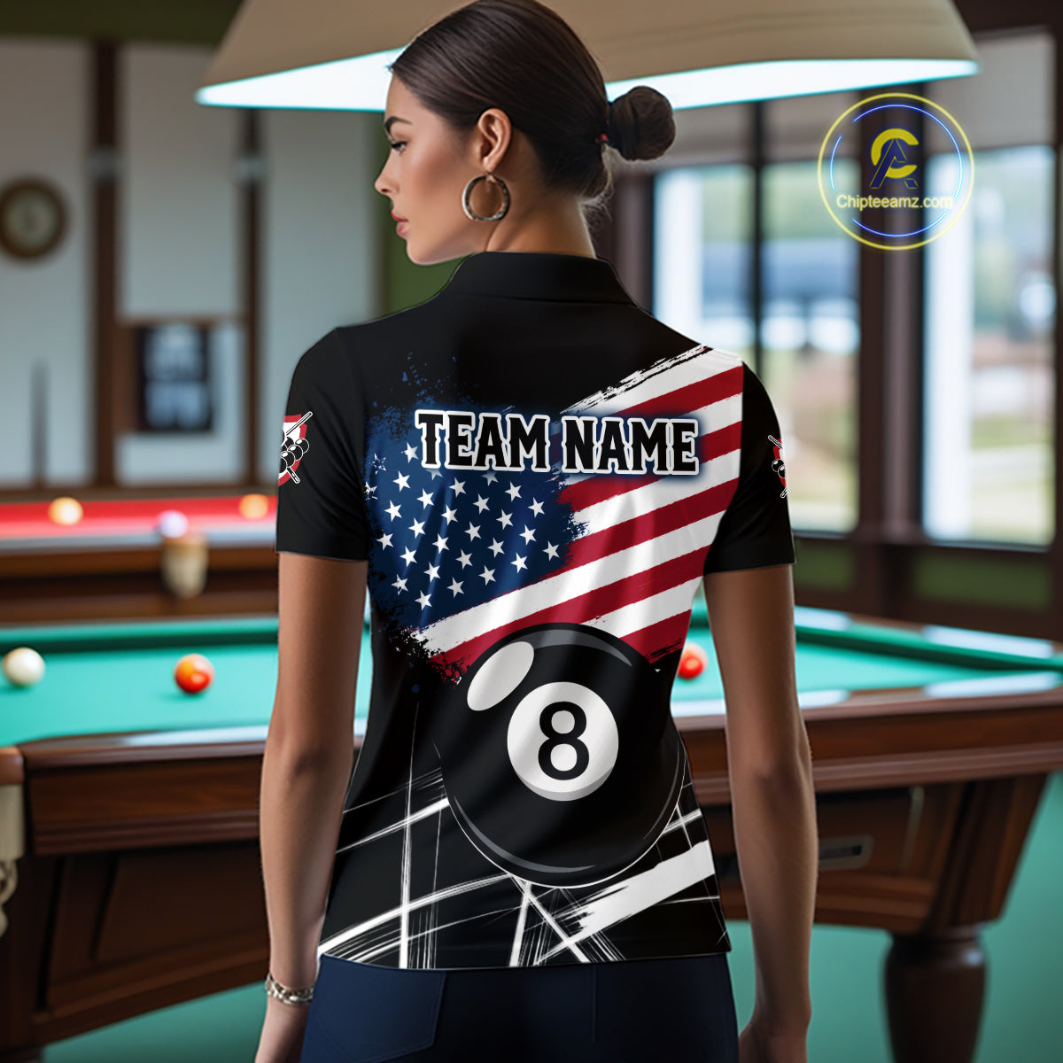 Female billiard player wearing American Flag Splash 8 Ball billiard jersey
