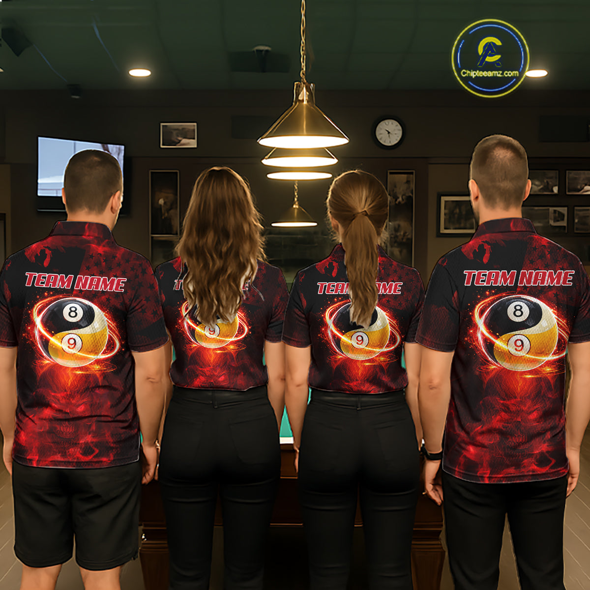 Red Flames Skull Yin & Yang Pool Billiard Shirt For Women Custom 8 Ball & 9 Ball Billiard Team Attire NYN2744