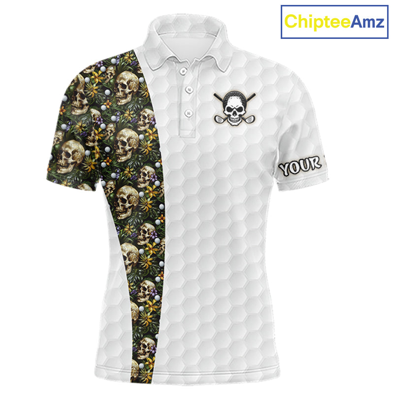 Men's golf polo featuring tropical green golf ball pattern with bold skull artwork, personalized golf apparel for beach golf resorts, golf vacations, summer tournaments and adventurous golfers, representing freedom, nature and tropical lifestyle.
