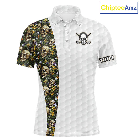 Men's golf polo featuring tropical green golf ball pattern with bold skull artwork, personalized golf apparel for beach golf resorts, golf vacations, summer tournaments and adventurous golfers, representing freedom, nature and tropical lifestyle.