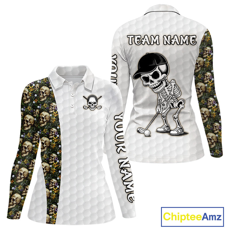 Women's tropical golf polo with skull artwork and golf ball pattern, custom performance golf shirt for golf vacations, summer tournaments and beach resorts.