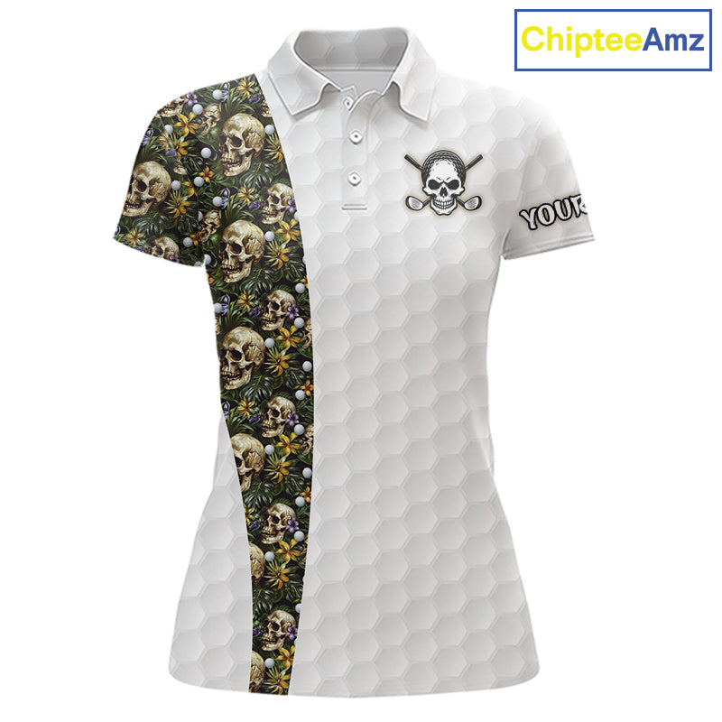 Women's tropical golf polo with skull artwork and golf ball pattern, custom performance golf shirt for golf vacations, summer tournaments and beach resorts.