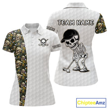 Load image into Gallery viewer, Women's tropical golf polo with skull artwork and golf ball pattern, custom performance golf shirt for golf vacations, summer tournaments and beach resorts.