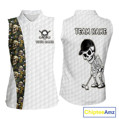 Women's sleeveless golf polo featuring tropical leaves, green golf balls and skull artwork, personalized golf apparel inspired by beach golf, resort lifestyle and adventure.
