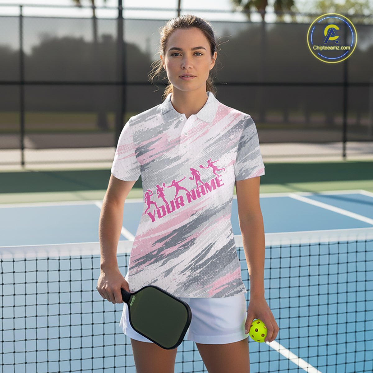 Custom Pink Grey Paint Pickleball Ball & Paddle T-Shirt For Women Outfits Pickleball Jersey NYN2577